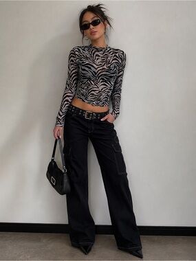 Y2K Zebra Print Sheer Long-Sleeve Top - Black & White - Size Small